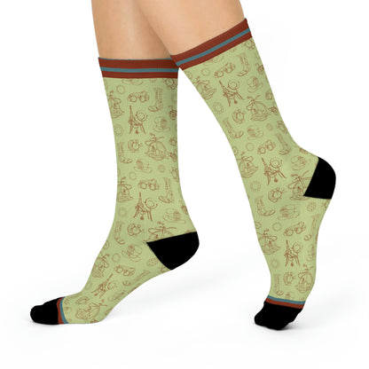 green socks with rust gears and cogs