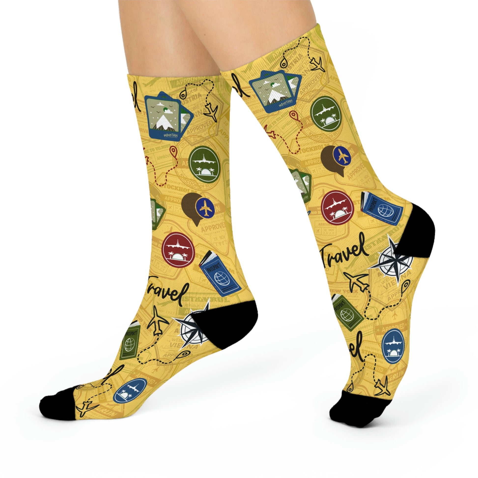 Travel Socks Yellow Compass Unisex Adult Stretchy Mid Calf Original Atlas Wanderlust