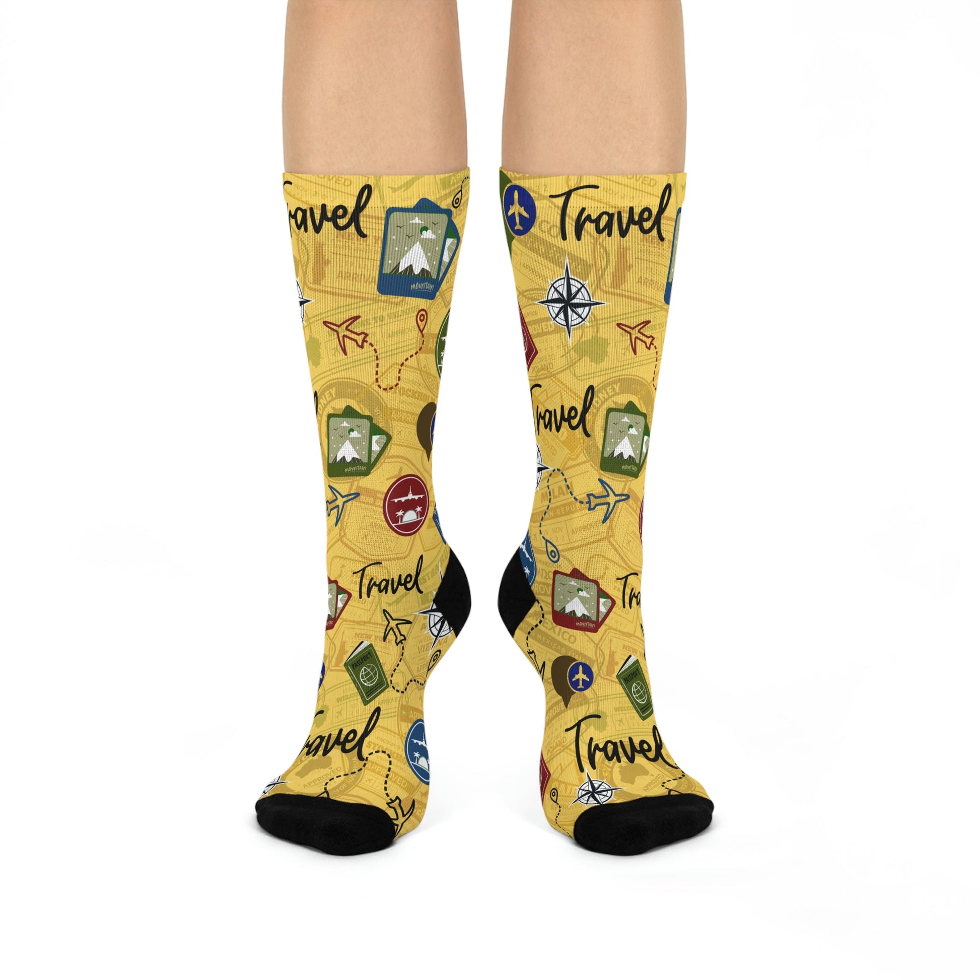 Travel Socks Yellow Compass Unisex Adult Stretchy Mid Calf Original Atlas Wanderlust