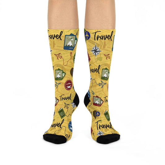 Travel Socks Yellow Compass Unisex Adult Stretchy Mid Calf Original Atlas Wanderlust