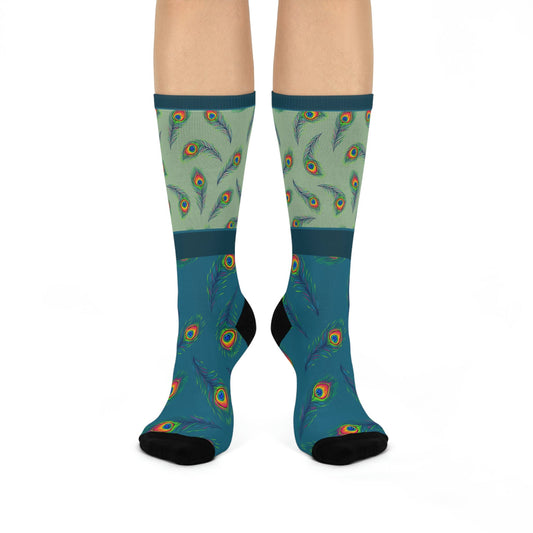 Peacock Socks Feathers Unisex Adult Stretchy Mid Calf Original Atlas Wanderlust