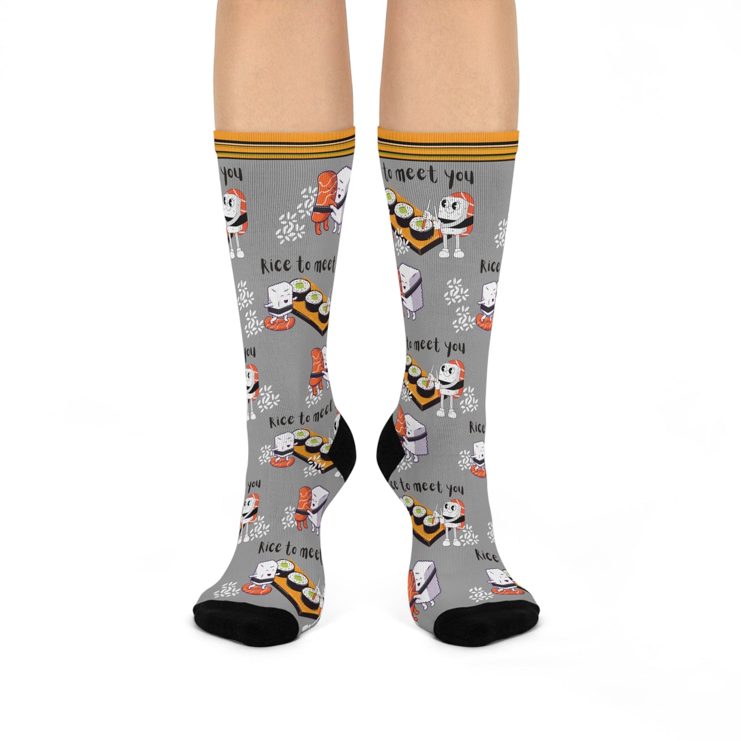Sushi "Rice To Meet You" Socks Food Pun Unisex Adult Stretchy Mid Calf Original Atlas Wanderlust
