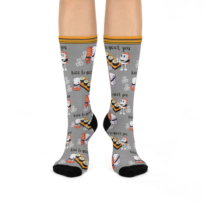 Sushi "Rice To Meet You" Socks Food Pun Unisex Adult Stretchy Mid Calf Original Atlas Wanderlust
