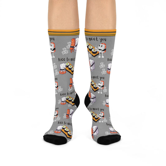 Sushi "Rice To Meet You" Socks Food Pun Unisex Adult Stretchy Mid Calf Original Atlas Wanderlust
